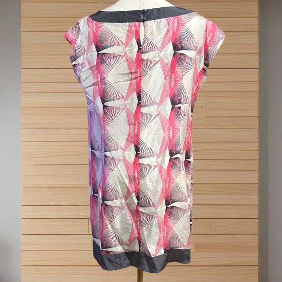 100% Silk Shift Mini Dress Mod Abstract Geometric Print Pink Gray Sleeveless 8 - Picture 2 of 4